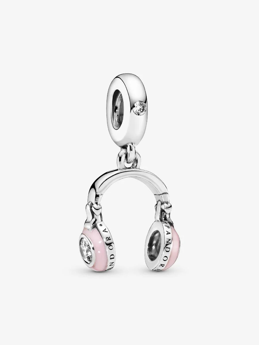 Headphones silver dangle with clear cubic zirconia and pink enamel
