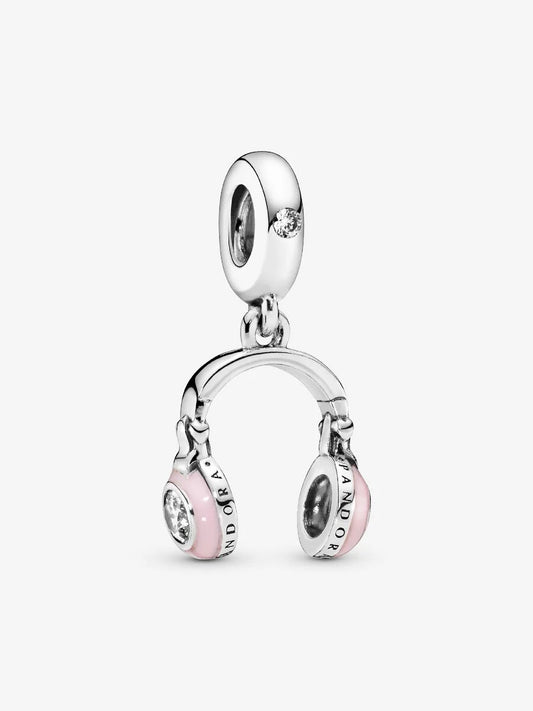 Headphones silver dangle with clear cubic zirconia and pink enamel